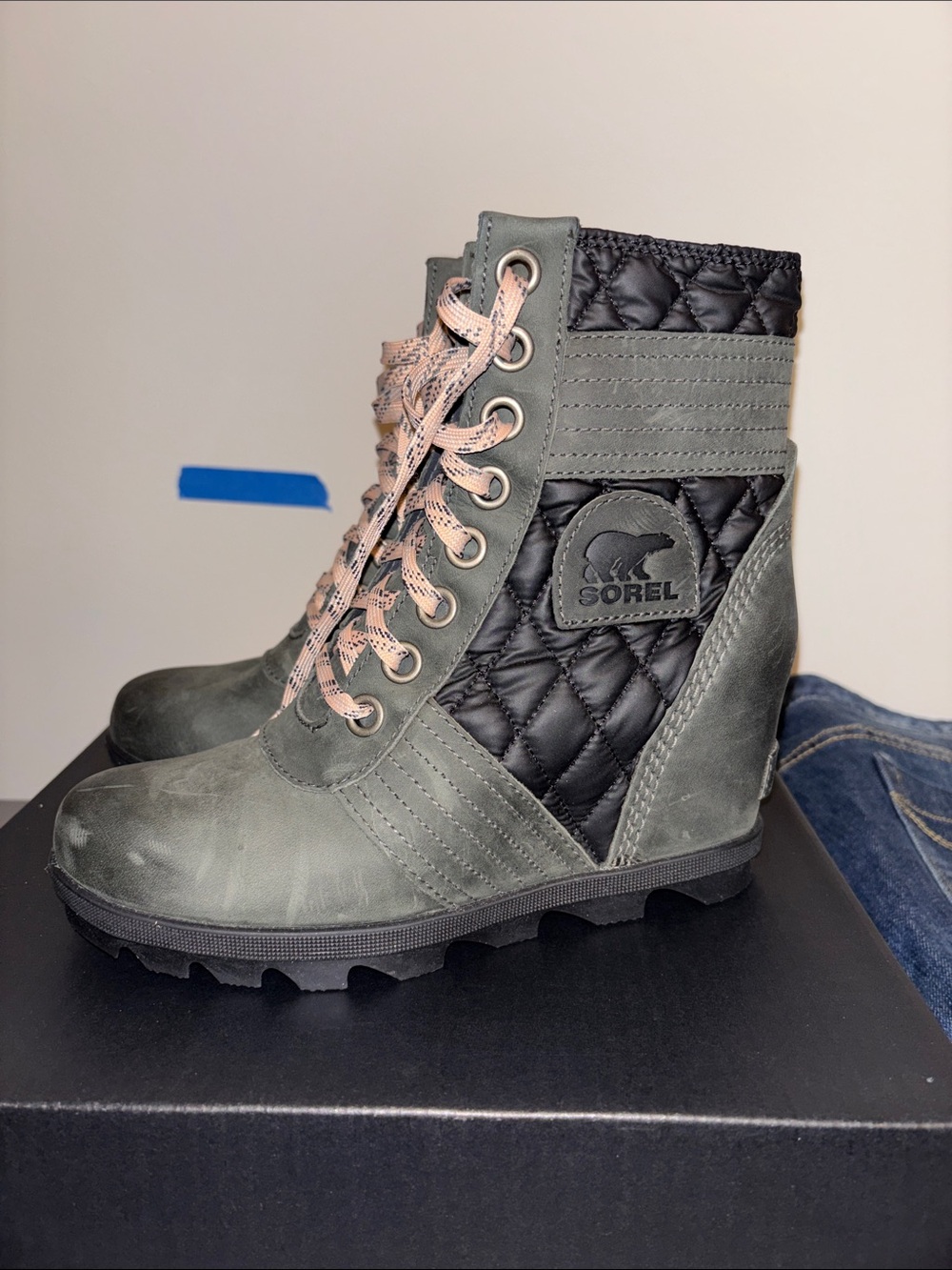 Sorel Olive Green and Black Quilted Wedge Lace-Up Boot